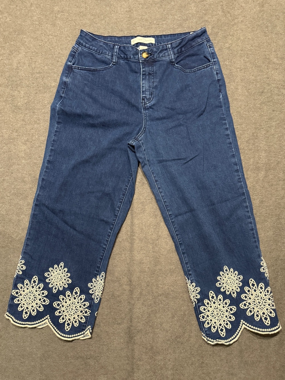 Denim Cropped Jeans with White Lace Hem